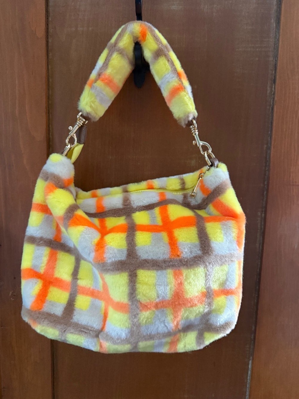 Ugg “Duffy” Fuzzy Handbag Purse, small tote Orange, brown, yellow, cream plaid